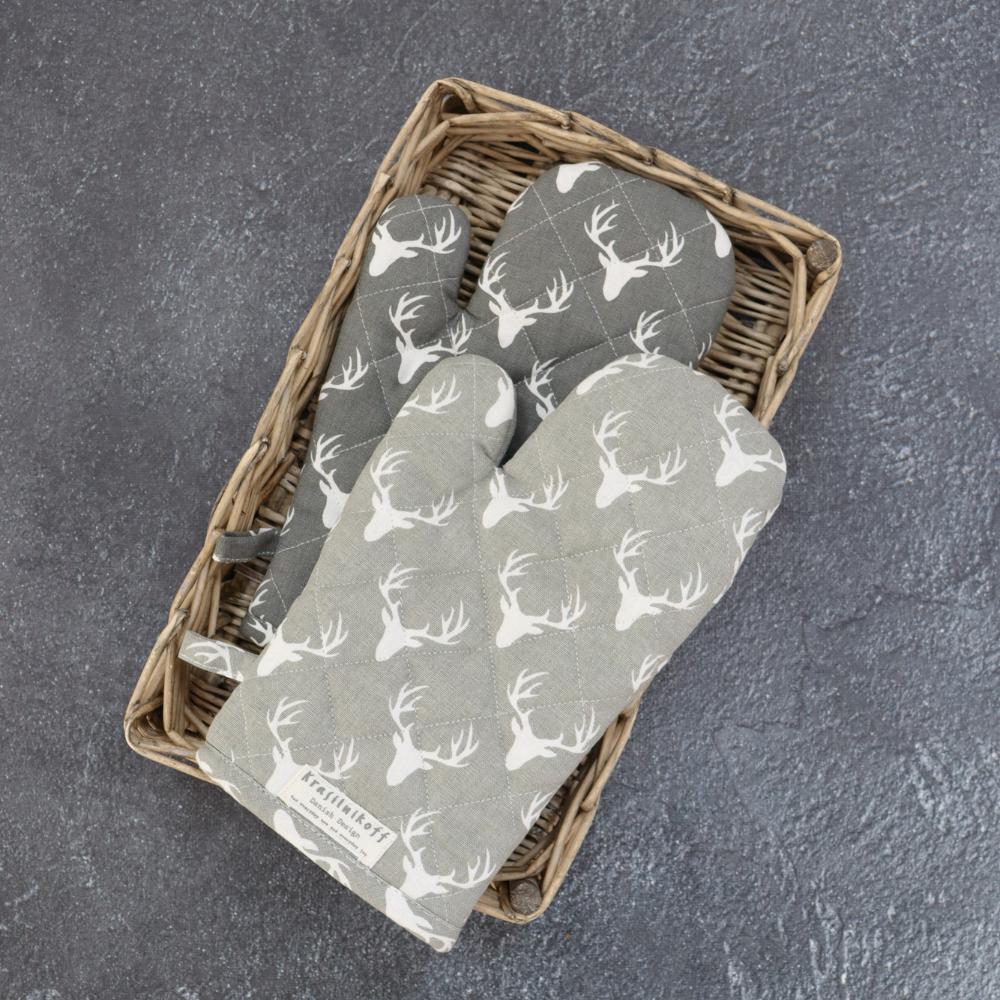 Ofenhandschuhe steingrau mit weißen Hirschen